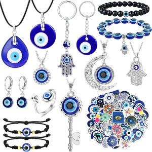 Turkish Evil Eye Jewelry Set with 15pcs Jewelry & 50 Stickers for Good Luck